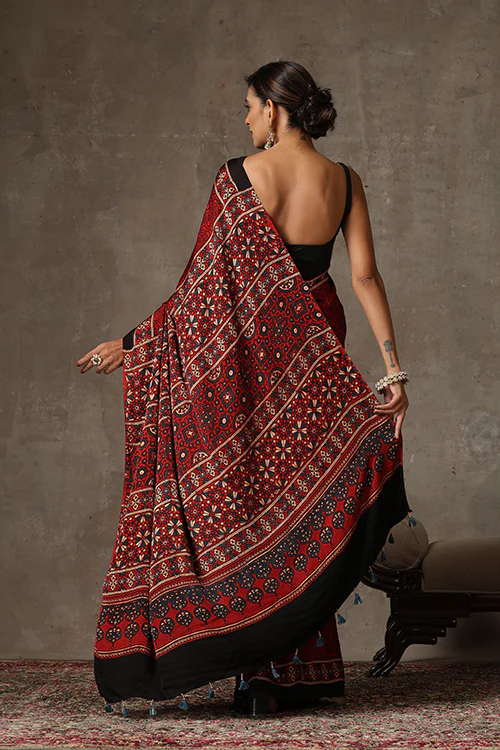 TENAARO Ajrakh Hand Block Printed Modal Satin Saree - Image 5
