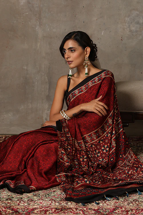 TENAARO Ajrakh Hand Block Printed Modal Satin Saree - Image 6