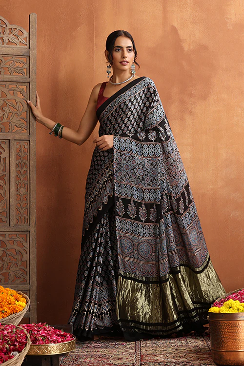 TENAARO Ajrakh Hand Block Printed Modal Satin Tissue Pallu Saree - Image 3