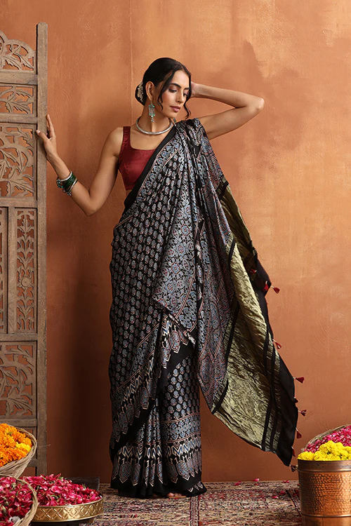 TENAARO Ajrakh Hand Block Printed Modal Satin Tissue Pallu Saree - Image 5