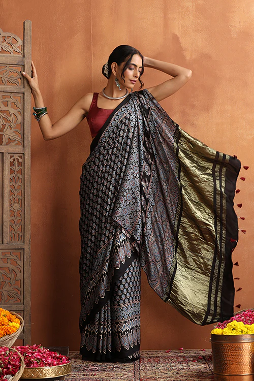 TENAARO Ajrakh Hand Block Printed Modal Satin Tissue Pallu Saree - Image 6