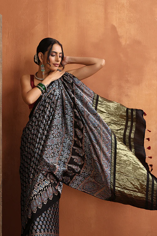 TENAARO Ajrakh Hand Block Printed Modal Satin Tissue Pallu Saree - Image 7