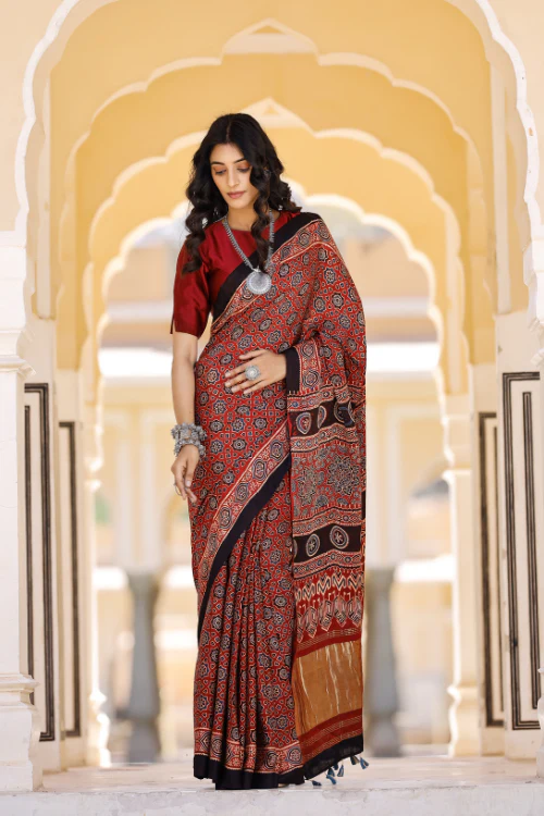 Tenaaro Ajrakh Hand Block Printed Modal Tissue Pallu Saree