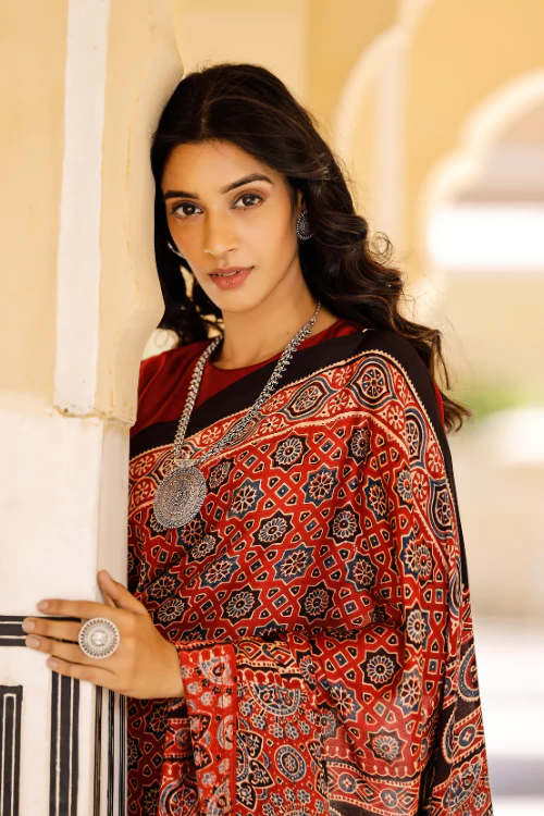 Tenaaro Ajrakh Hand Block Printed Modal Tissue Pallu Saree - Image 4