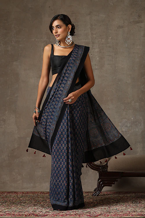 TENAARO Ajrakh Hand Block Printed Mul Cotton Saree