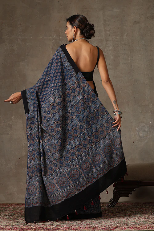 TENAARO Ajrakh Hand Block Printed Mul Cotton Saree - Image 5