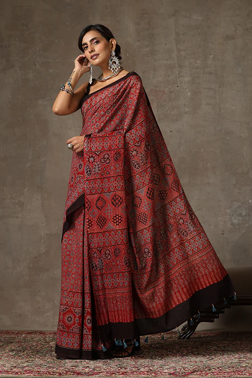 TENAARO  Ajrakh Hand Block Printed Mul Cotton Saree