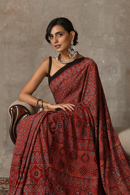TENAARO  Ajrakh Hand Block Printed Mul Cotton Saree - Image 6