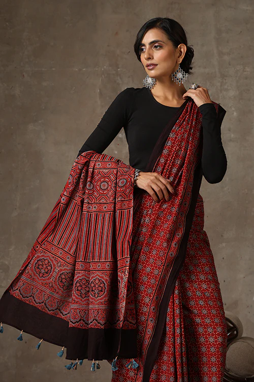 TENAARO Ajrakh Hand Block Printed Mul Cotton Saree - Image 6