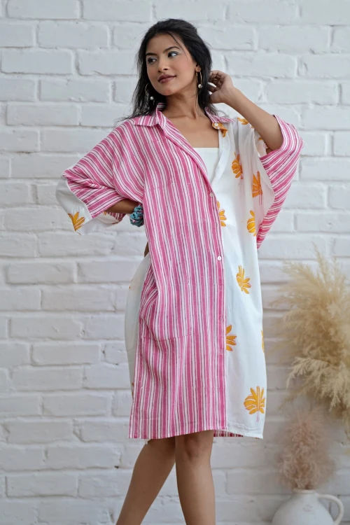 Sooti Syahi Teresa In Pink Hand Block Printed Oversize Shirt - Image 3