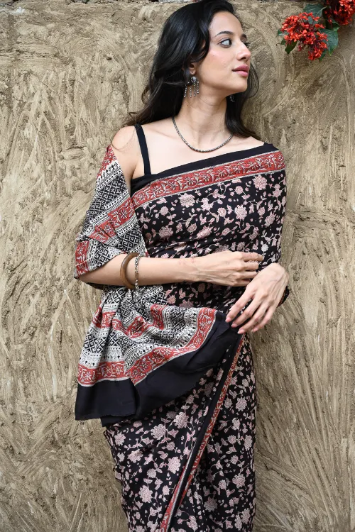 The ICH Bagru Statements : Hand Block Printed Modal Silk Saree - Raatrani - Image 2