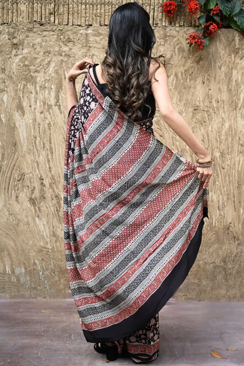 The ICH Bagru Statements : Hand Block Printed Modal Silk Saree - Raatrani - Image 4