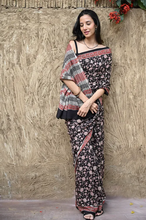 The ICH Bagru Statements : Hand Block Printed Modal Silk Saree - Raatrani - Image 5