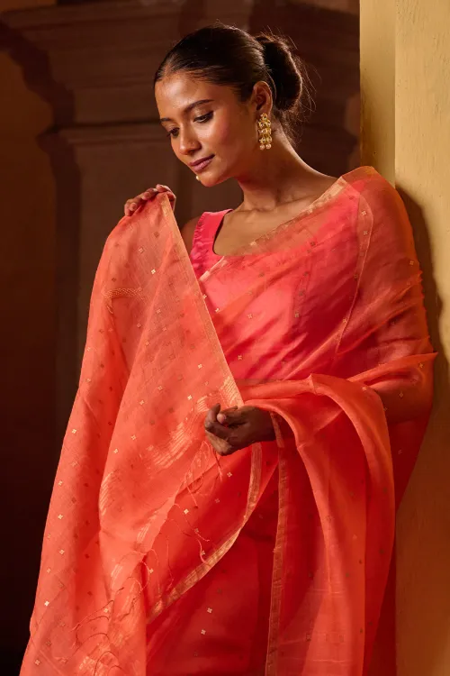 The ICH Bengal Elegance. Handwoven Sequinned Resham Silk Saree - Coral Blush - Image 2