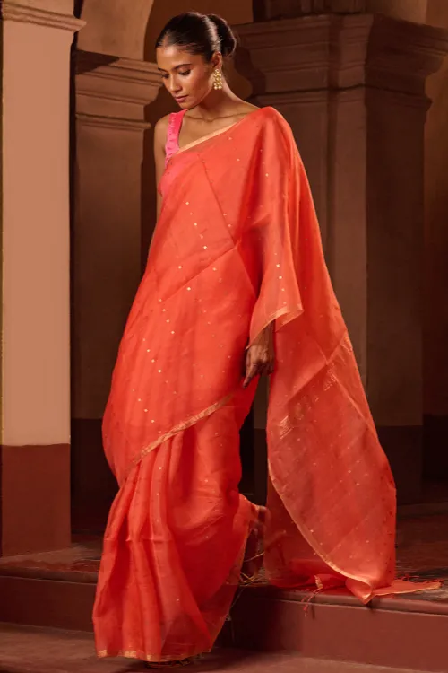 The ICH Bengal Elegance. Handwoven Sequinned Resham Silk Saree - Coral Blush - Image 3
