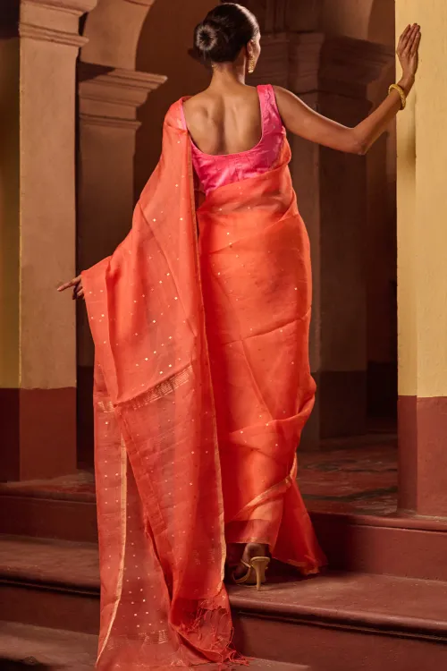The ICH Bengal Elegance. Handwoven Sequinned Resham Silk Saree - Coral Blush - Image 4