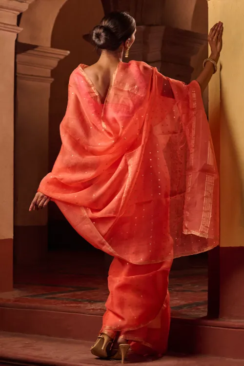 The ICH Bengal Elegance. Handwoven Sequinned Resham Silk Saree - Coral Blush - Image 5