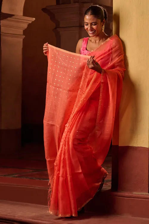 The ICH Bengal Elegance. Handwoven Sequinned Resham Silk Saree - Coral Blush - Image 6