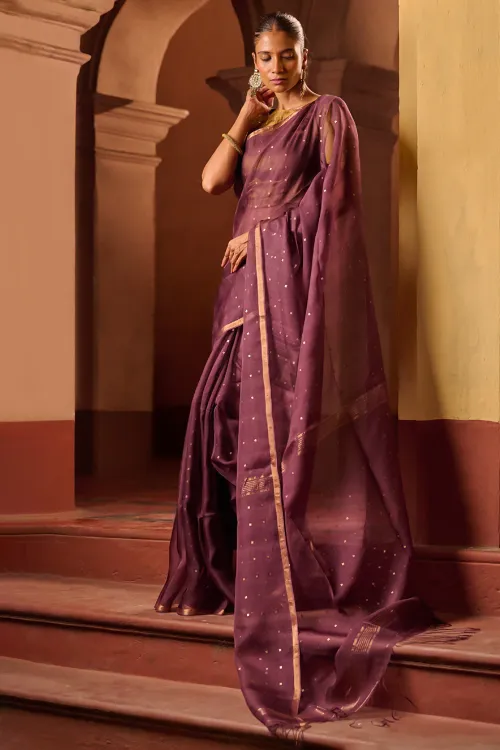 The ICH Bengal Elegance. Handwoven Sequinned Resham Silk Saree - Dusky Grape