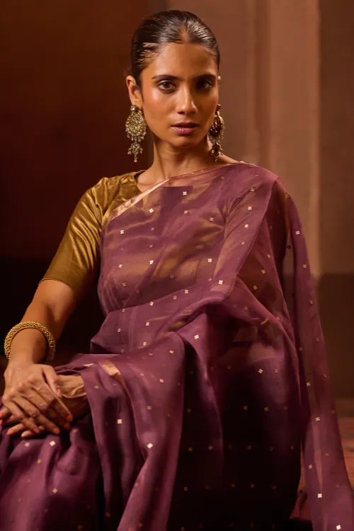 The ICH Bengal Elegance. Handwoven Sequinned Resham Silk Saree - Dusky Grape - Image 2