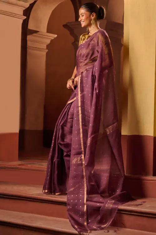The ICH Bengal Elegance. Handwoven Sequinned Resham Silk Saree - Dusky Grape - Image 3