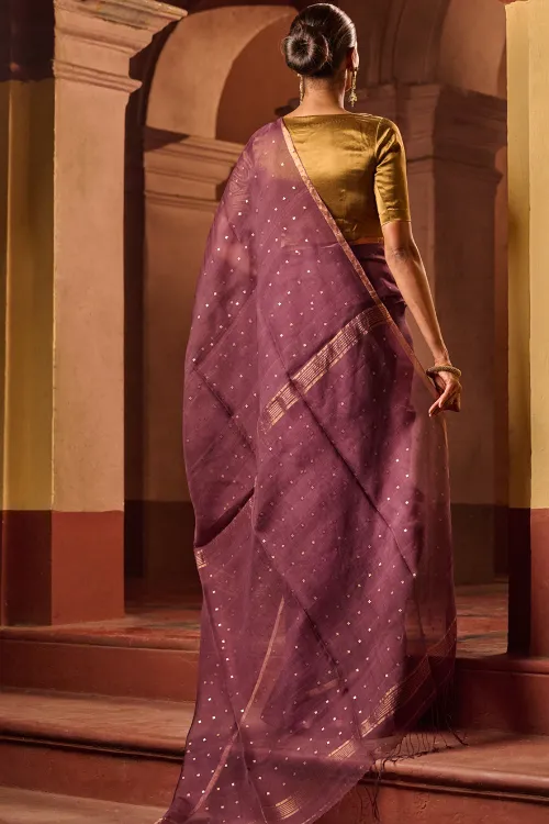 The ICH Bengal Elegance. Handwoven Sequinned Resham Silk Saree - Dusky Grape - Image 4