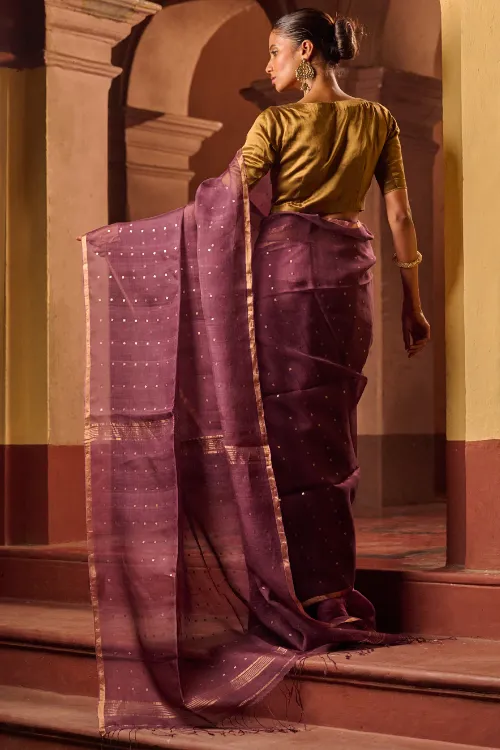 The ICH Bengal Elegance. Handwoven Sequinned Resham Silk Saree - Dusky Grape - Image 5