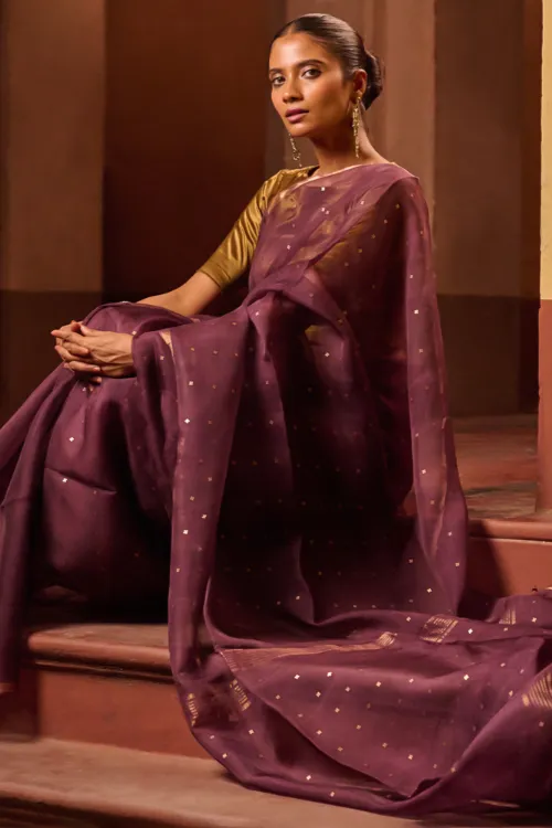 The ICH Bengal Elegance. Handwoven Sequinned Resham Silk Saree - Dusky Grape - Image 6