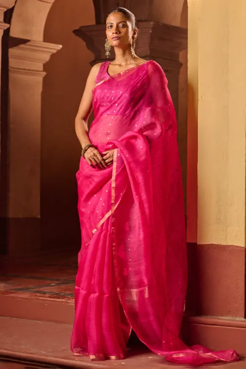 The ICH Bengal Elegance. Handwoven Sequinned Resham Silk Saree - Fuschia Glow