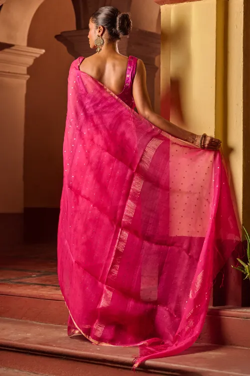 The ICH Bengal Elegance. Handwoven Sequinned Resham Silk Saree - Fuschia Glow - Image 2