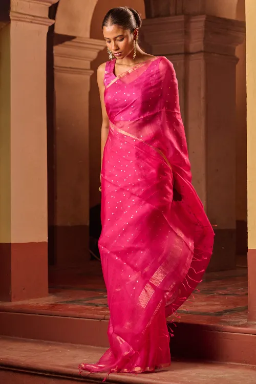 The ICH Bengal Elegance. Handwoven Sequinned Resham Silk Saree - Fuschia Glow - Image 4