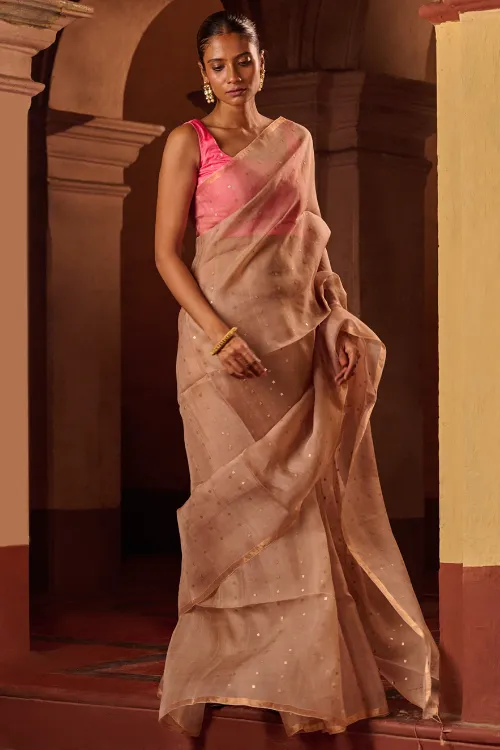The ICH Bengal Elegance. Handwoven Sequinned Resham Silk Saree - Greyish Beige - Image 3