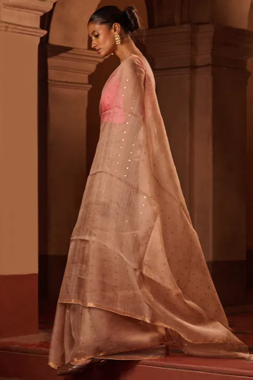 The ICH Bengal Elegance. Handwoven Sequinned Resham Silk Saree - Greyish Beige - Image 4