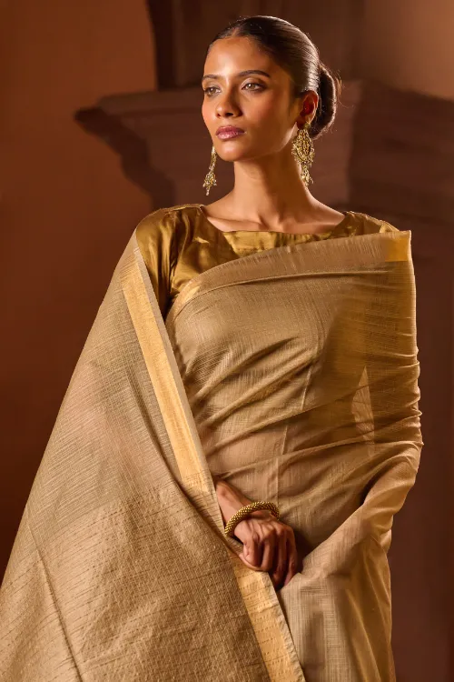 The ICH Bengal Elegance. Handwoven Silk Cotton Saree - Desert Taupe