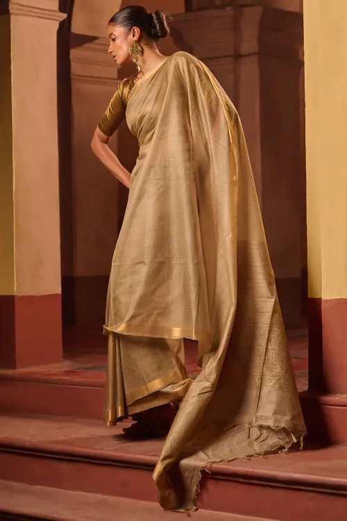 The ICH Bengal Elegance. Handwoven Silk Cotton Saree - Desert Taupe - Image 2
