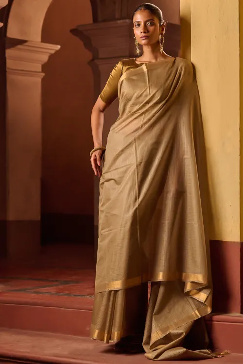 The ICH Bengal Elegance. Handwoven Silk Cotton Saree - Desert Taupe - Image 3