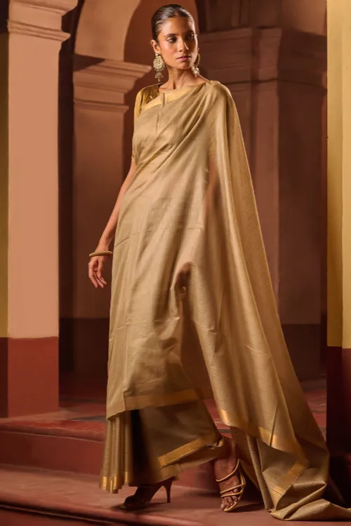 The ICH Bengal Elegance. Handwoven Silk Cotton Saree - Desert Taupe - Image 4