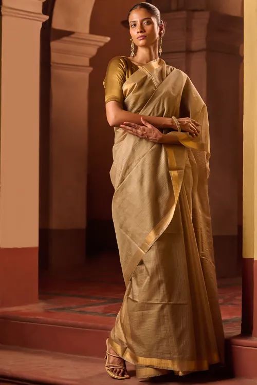 The ICH Bengal Elegance. Handwoven Silk Cotton Saree - Desert Taupe - Image 6