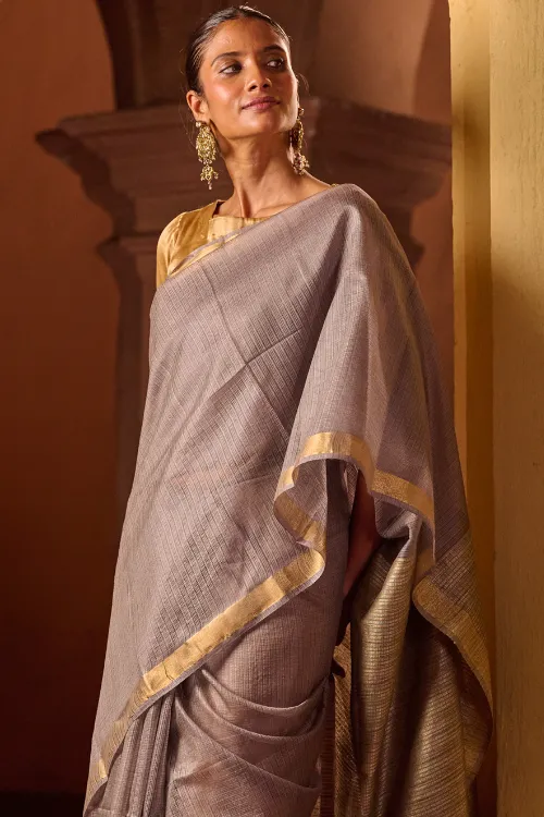The ICH Bengal Elegance. Handwoven Silk Cotton Saree - Silver Ash