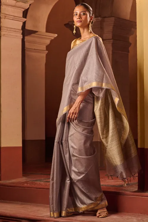 The ICH Bengal Elegance. Handwoven Silk Cotton Saree - Silver Ash - Image 2