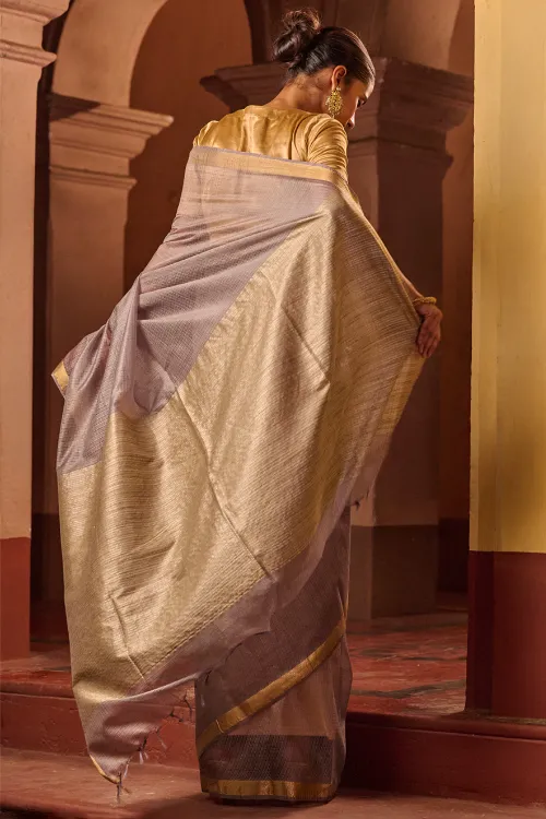 The ICH Bengal Elegance. Handwoven Silk Cotton Saree - Silver Ash - Image 4