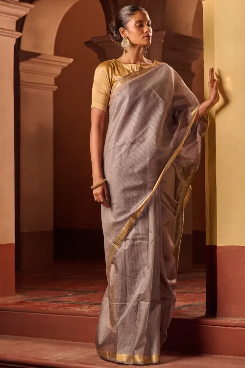 The ICH Bengal Elegance. Handwoven Silk Cotton Saree - Silver Ash - Image 5