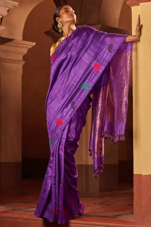 The ICH Bengal Elegance. Handwoven Soft Jamdani Resham Matka Silk Saree - Royal Iris - Image 3