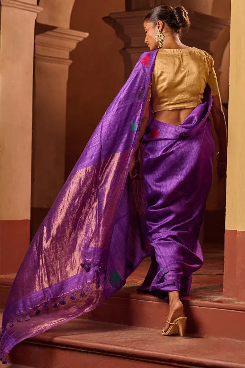 The ICH Bengal Elegance. Handwoven Soft Jamdani Resham Matka Silk Saree - Royal Iris - Image 4