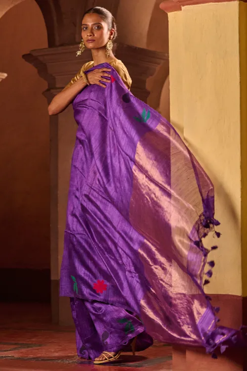 The ICH Bengal Elegance. Handwoven Soft Jamdani Resham Matka Silk Saree - Royal Iris - Image 5