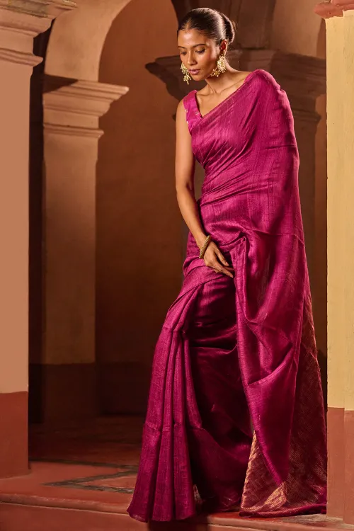 The ICH Bengal Elegance. Handwoven Soft Resham Matka Silk Saree - Berry Wine - Image 2