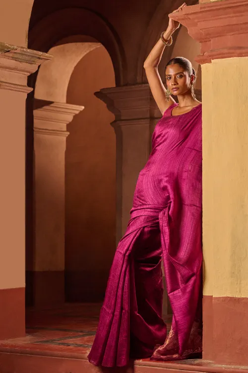 The ICH Bengal Elegance. Handwoven Soft Resham Matka Silk Saree - Berry Wine - Image 4