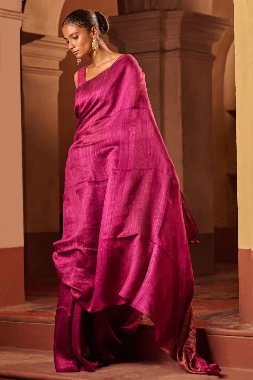 The ICH Bengal Elegance. Handwoven Soft Resham Matka Silk Saree - Berry Wine - Image 5