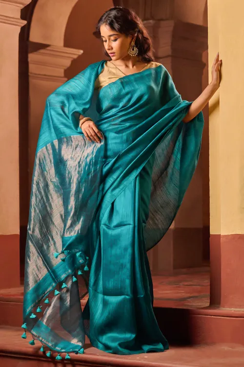 The ICH Bengal Elegance. Handwoven Soft Resham Matka Silk Saree - Peacock Teal