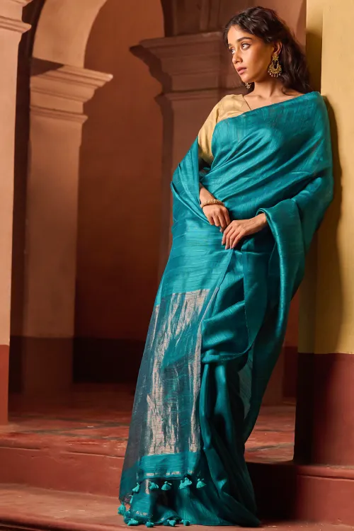 The ICH Bengal Elegance. Handwoven Soft Resham Matka Silk Saree - Peacock Teal - Image 3